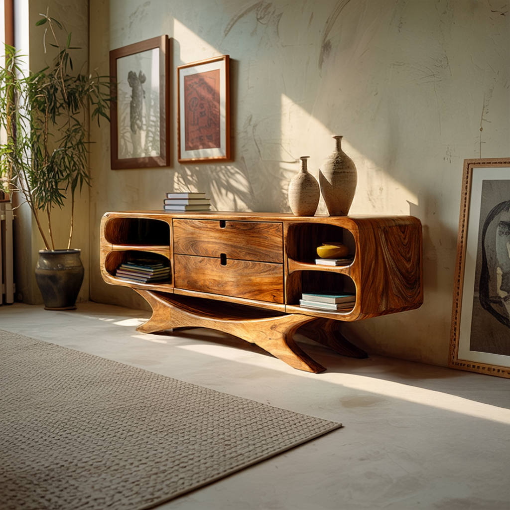 Modern Organic Solid Wood Sideboards Sculptural Media Cabinet Natural Wood Sideboard Credenza for Living Room Storage