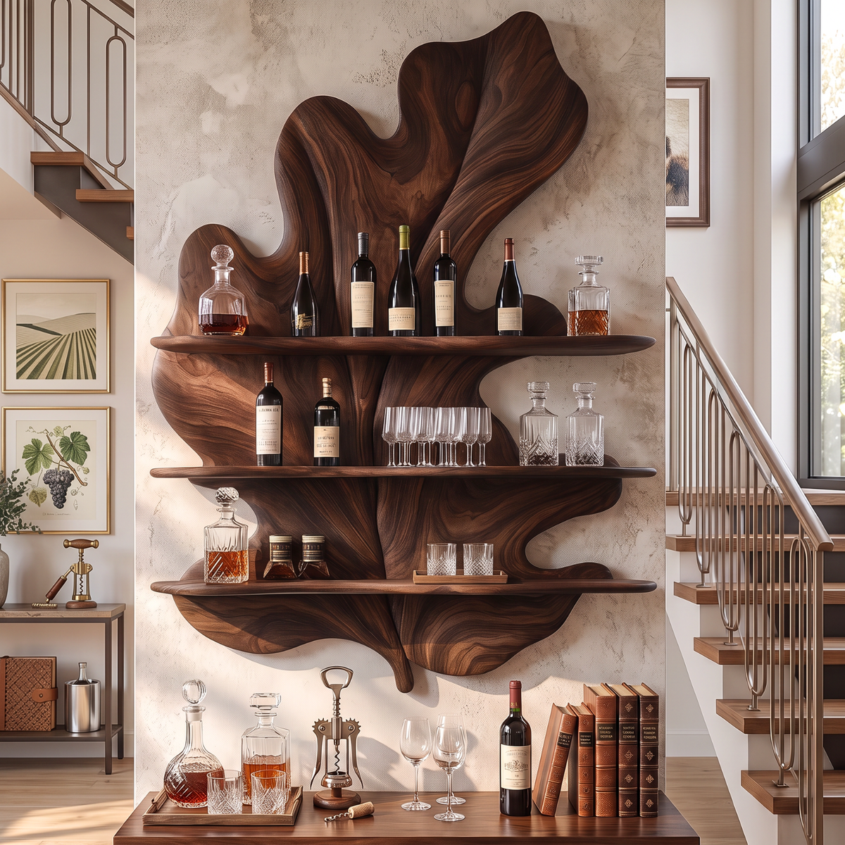 Tropical Leaf Solid Wood Wall Wine Holder with Three Display Shelves