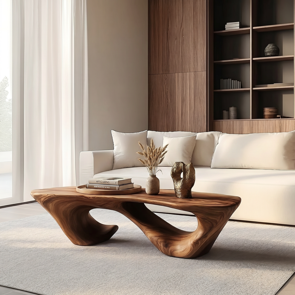 Solid Wood Coffee Table with Double Hollow Sculptural Base for Living Room