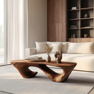 Solid Wood Coffee Table with Double Hollow Sculptural Base for Living Room