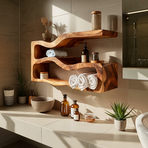 Sculptural Floating Wood Bathroom Shelf Unit
