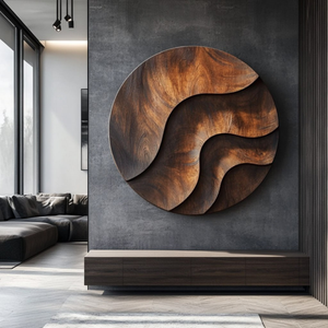 Round Solid Wood Wall Art with Sculpted River Flow and Dark Wood Contrast