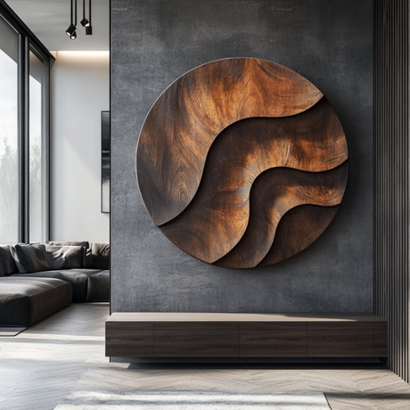 Round Solid Wood Wall Art with Sculpted River Flow and Dark Wood Contrast