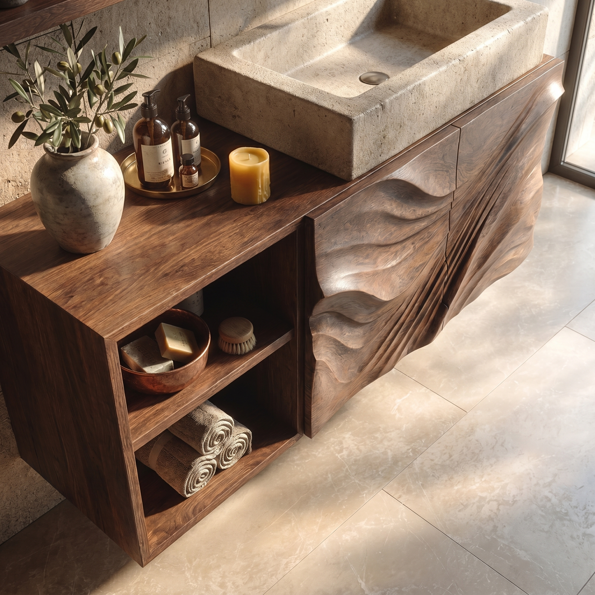 Flow Carved Solid Wood Floating Vanity Cabinet with Organic Wave Texture