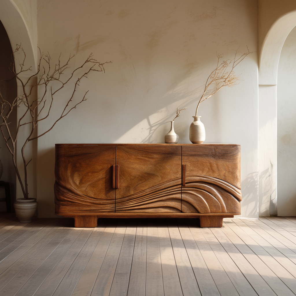 Handcrafted Solid Wood Sideboard Wave Carved Front Cabinet Organic Modern Wooden Buffet Credenza for Living Room