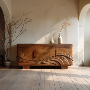 Handcrafted Solid Wood Sideboard Wave Carved Front Cabinet Organic Modern Wooden Buffet Credenza for Living Room