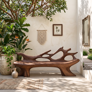 Sculptural Outdoor Solid Wood Bench with Flowing Branch Backrest