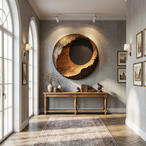 Textured Solid Wood Eclipse Wall Sculpture with Open Center and Natural Edge