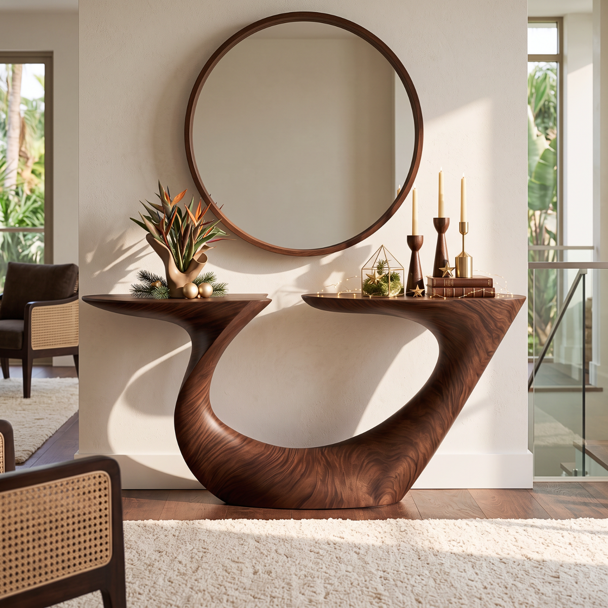 Organic Solid Wood Console Table with Sculptural Double Curve Base