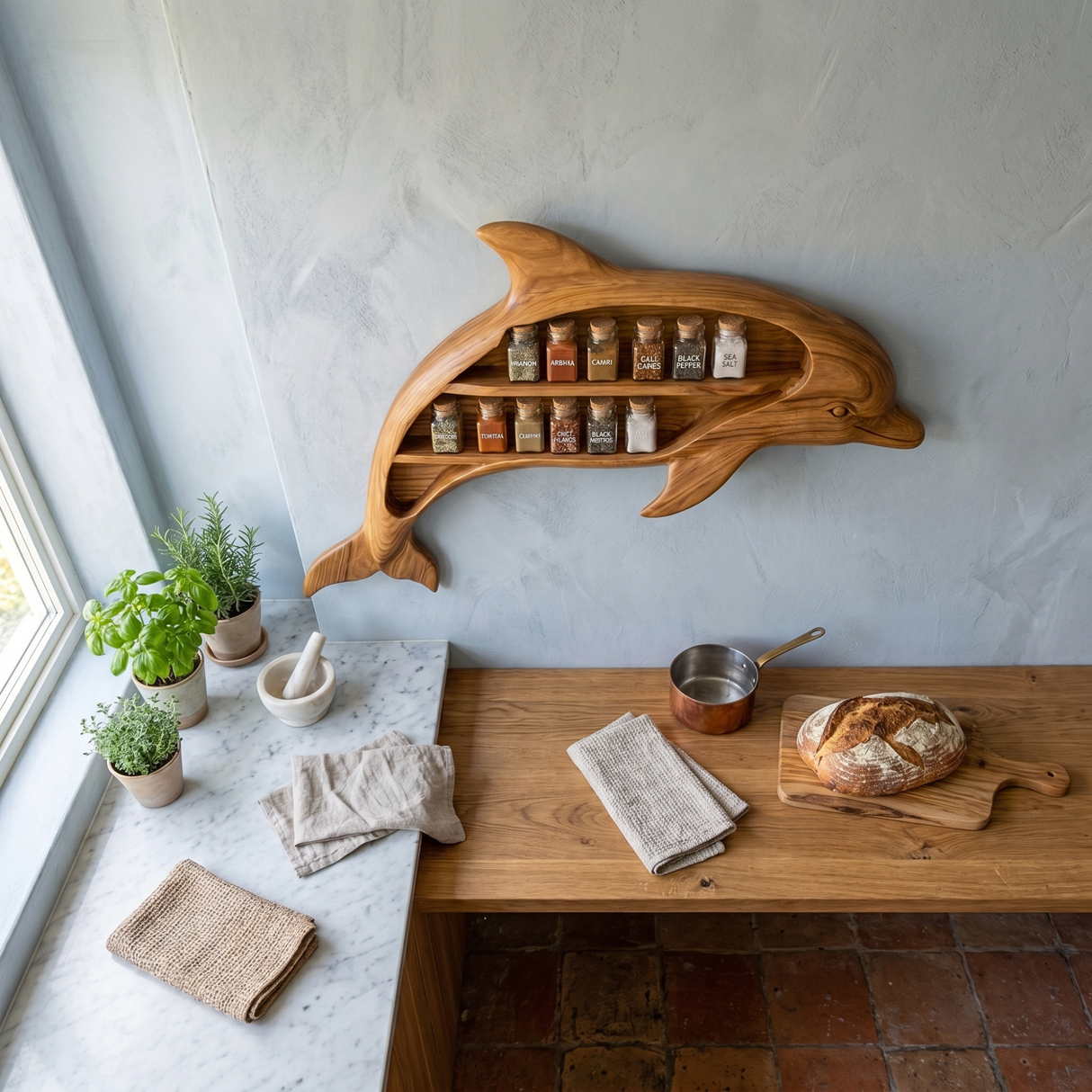 Handcrafted Dolphin-Shaped Wood Wall Spice Rack with Two Open Shelves for Kitchen