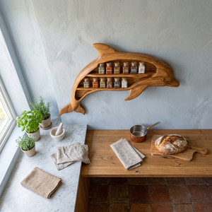 Handcrafted Dolphin-Shaped Wood Wall Spice Rack with Two Open Shelves for Kitchen