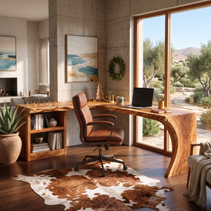 Organic L-Shaped Solid Wood Desk With Open Shelf For Home Office