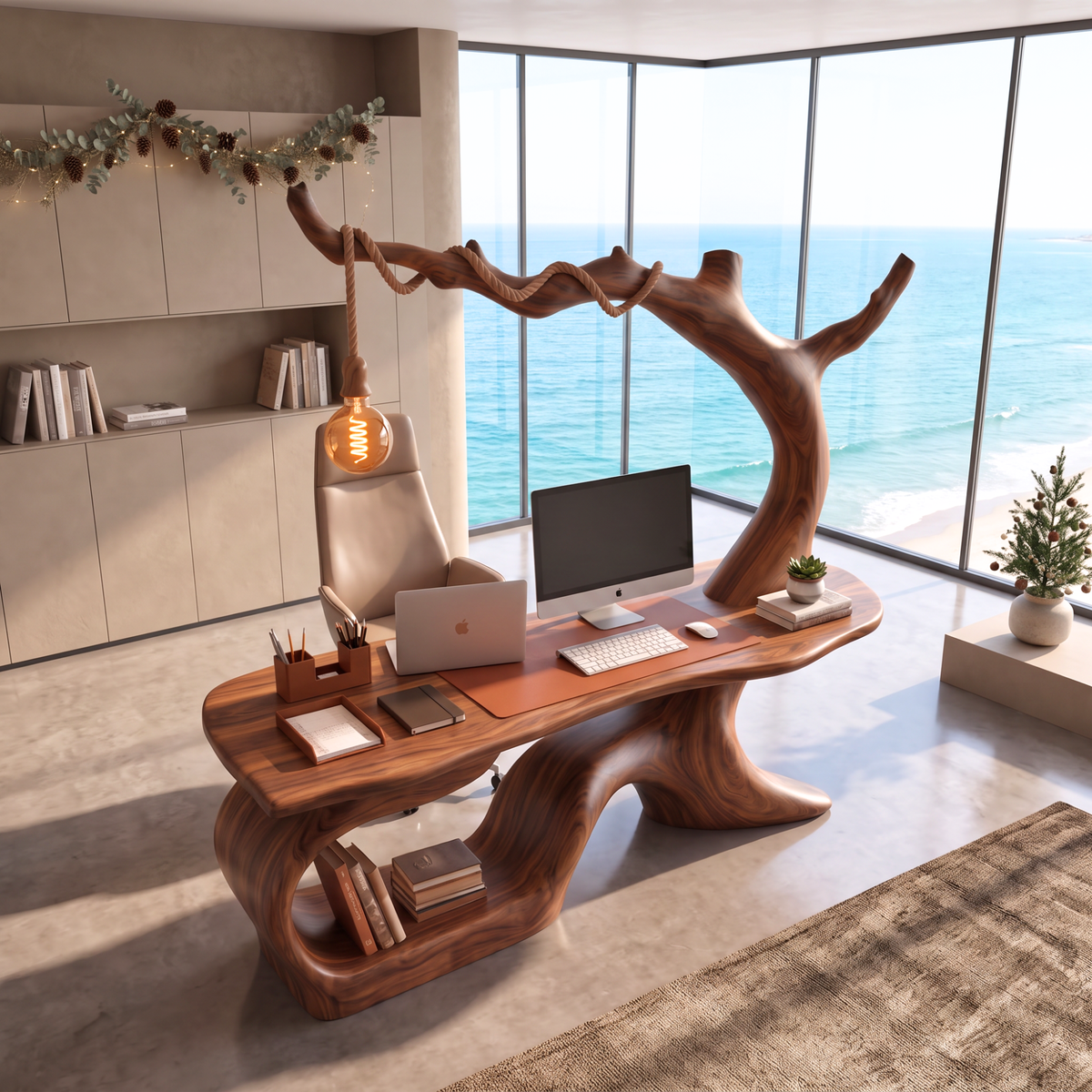 Handmade Solid Wood Tree Desk With Hanging Lamp Organic Modern Sculptural Office Table