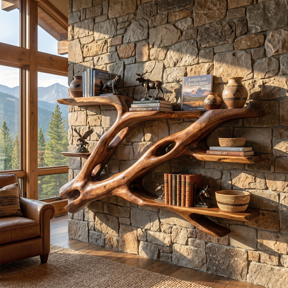Sculptural Solid Wood Wall Bookshelf with Flowing Branch Shelves