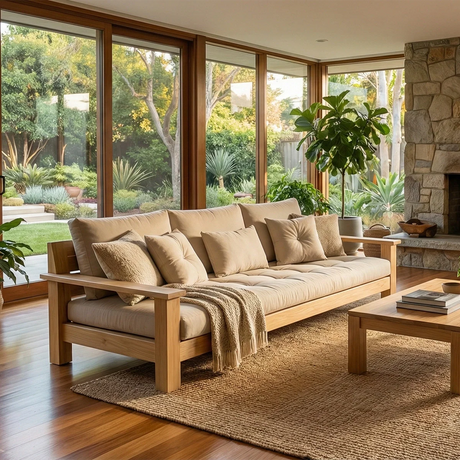 Natural Oak Sofa with Plush Linen Cushions for Organic Modern Interiors