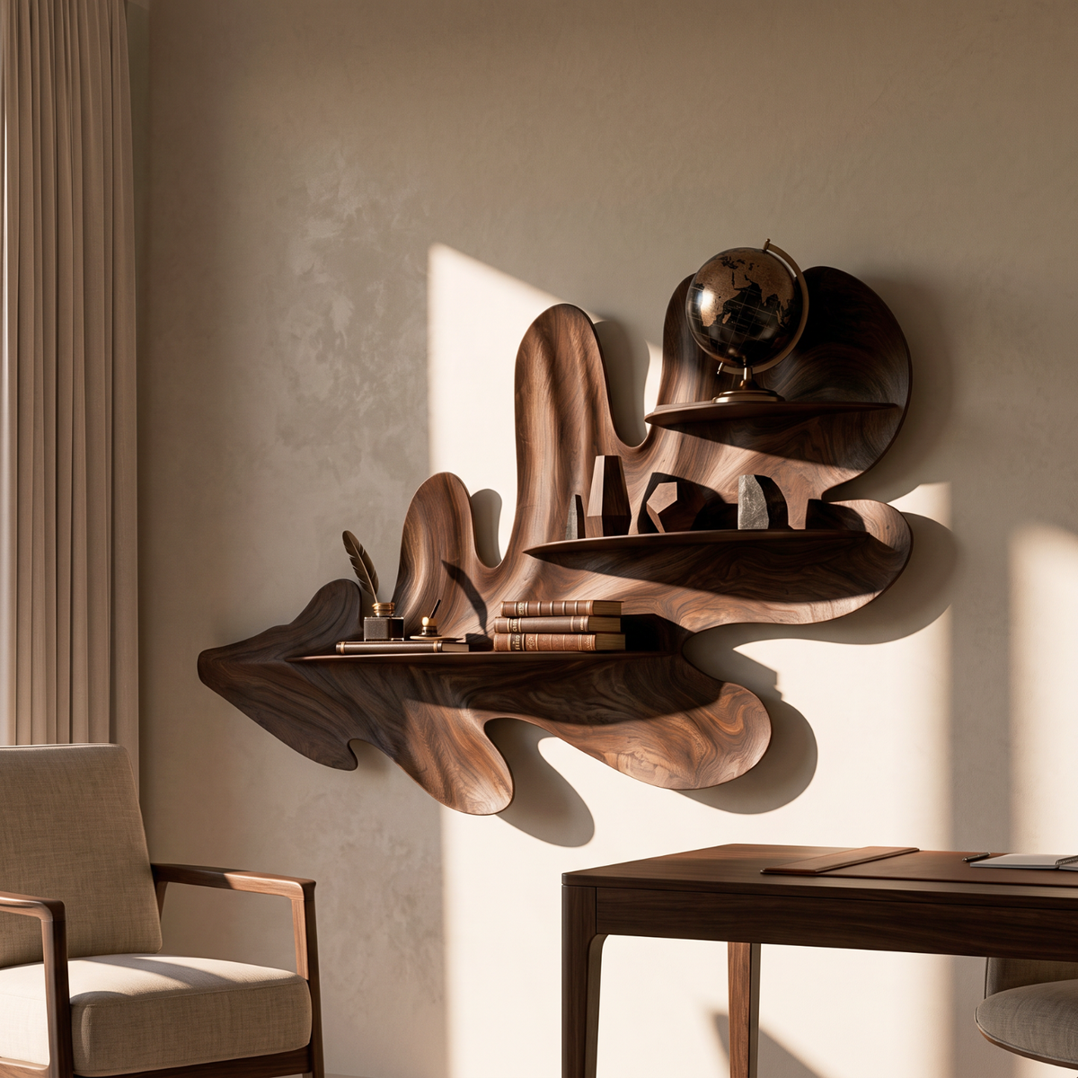 Organic Leaf Solid Wood Wall Shelf with Sculptural Floating Display Shelves