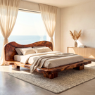 Handcrafted Solid Wood Platform Bed with Sculptural Headboard for Bedroom
