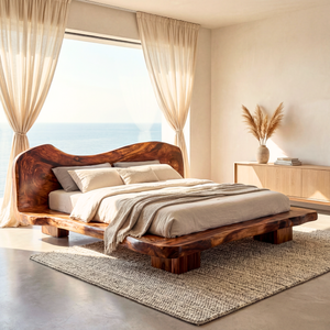 Handcrafted Solid Wood Platform Bed with Sculptural Headboard for Bedroom