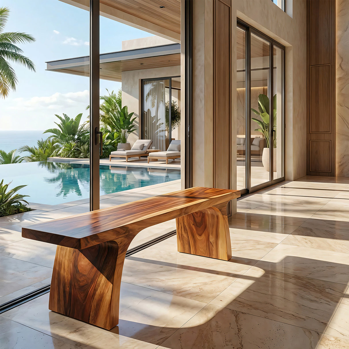 Minimalist Solid Wood Bench with Sculpted Organic Base