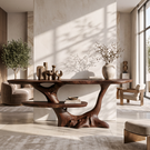 Sculptural Solid Wood Console Table with Organic Root Frame and Display Shelf