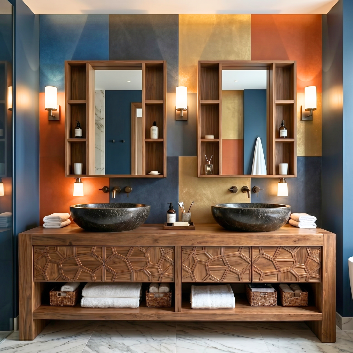 Modern Solid Wood Bathroom Vanity Cabinet With Geometric Carved Design