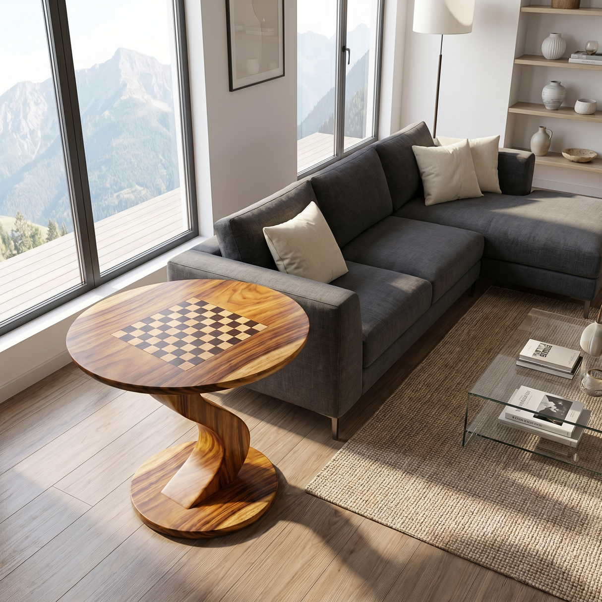 Solid Wood Round Chess Table with Curved Sculptural Pedestal Base