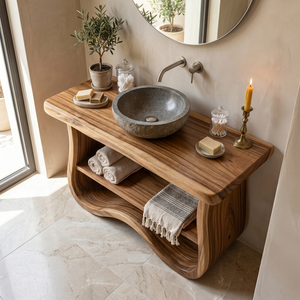 Organic Solid Wood Bathroom Vanity with Sculpted Wave Base