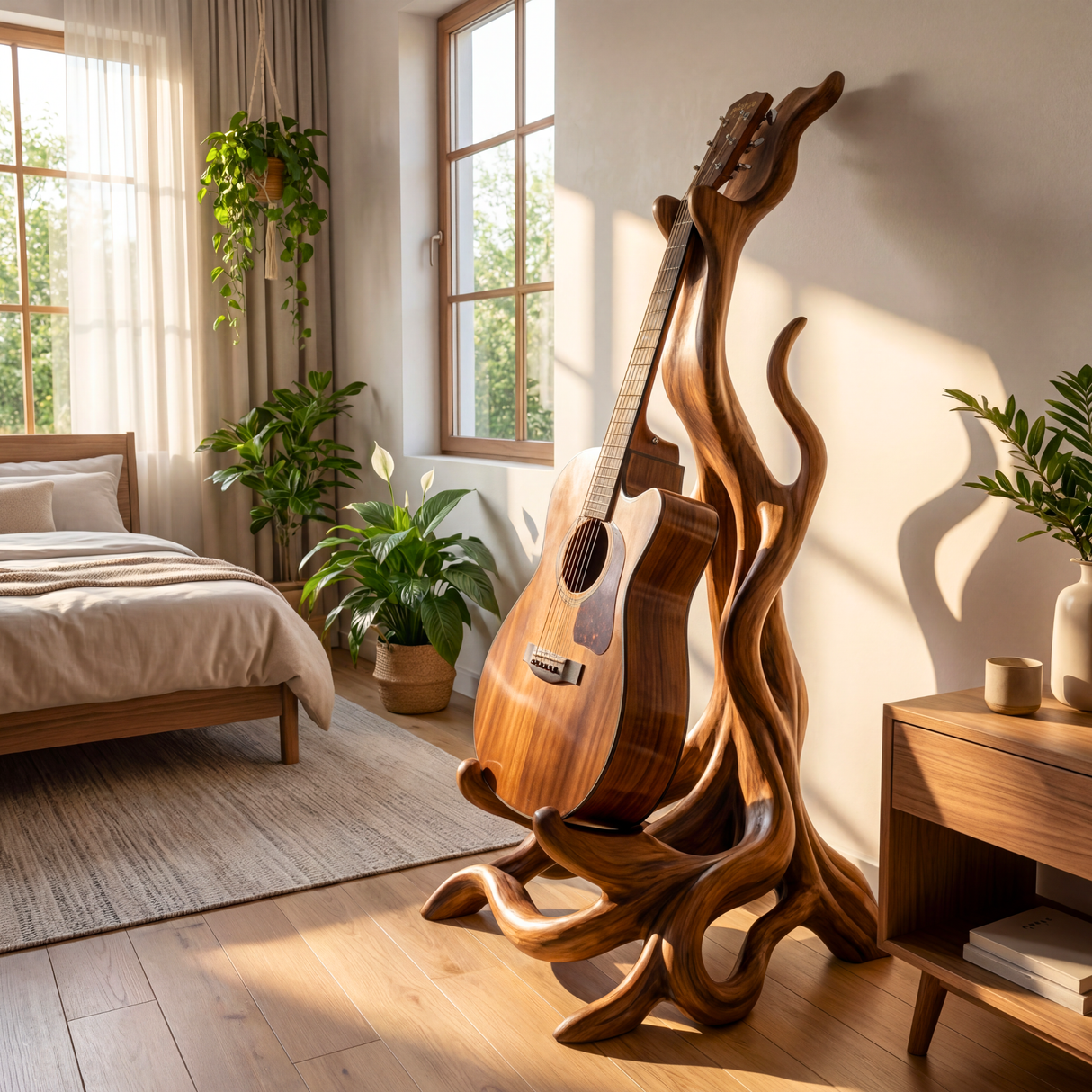 Wooden Guitar Stand with Organic Sculptural Design for Acoustic Guitar Display