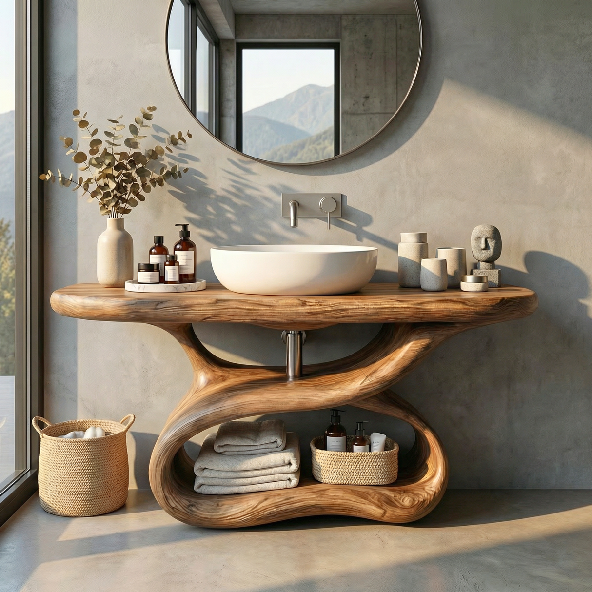 Sculptural Solid Wood Bathroom Vanity with Open Shelf Base
