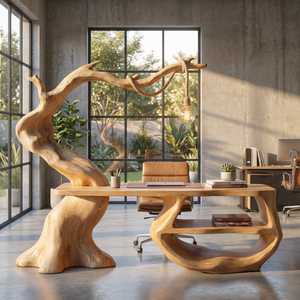 Sculptural Organic Wood Desk With Hanging Lamp Modern Handmade