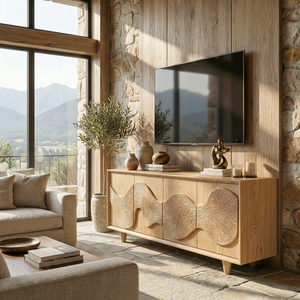 Solid Wood TV Cabinet with Wave Carved Doors for Organic Modern Interiors