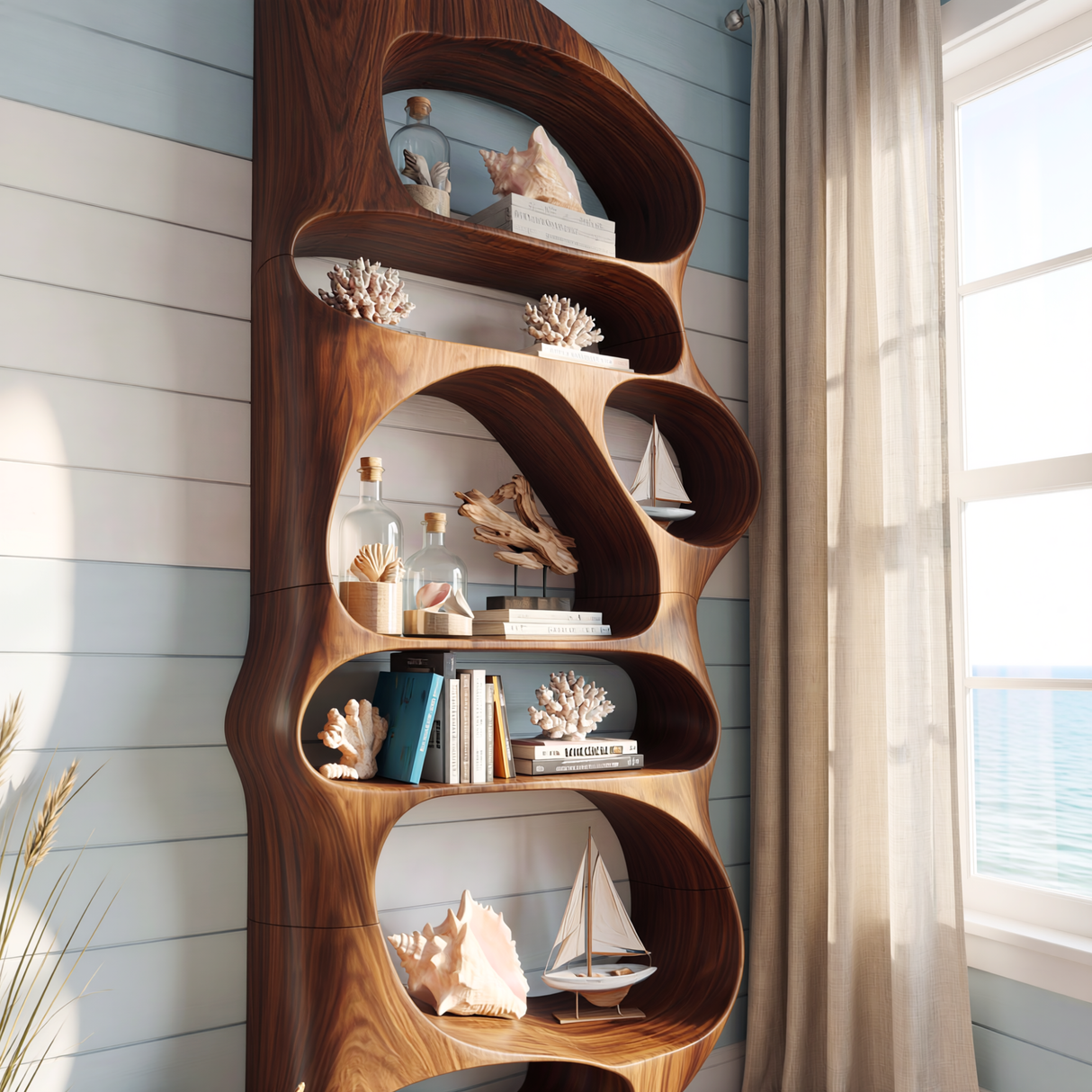 Wall Mounted Sculptural Wood Shelf with Flowing Open Niches