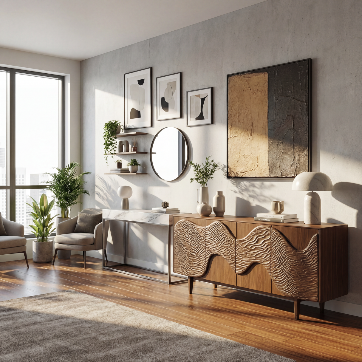 Sculpted Wave Front Wood Sideboard Cabinet for Living Room or Dining Room