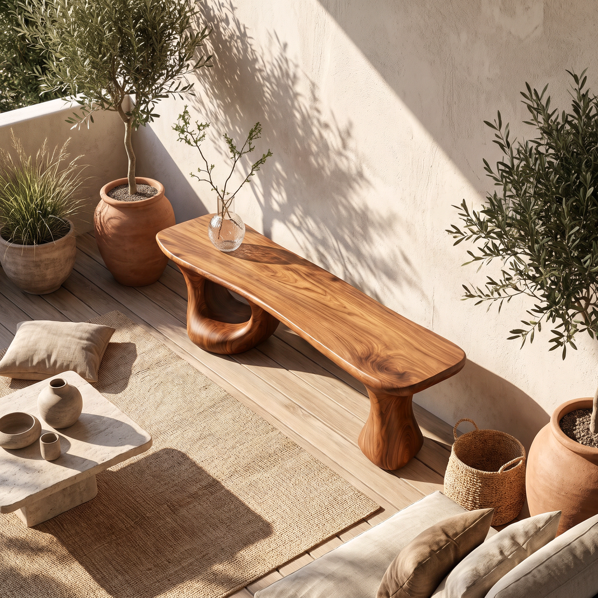 Bench Solid Wood with Sculptural Loop and Pedestal Base with Flowing Live Edge Seat