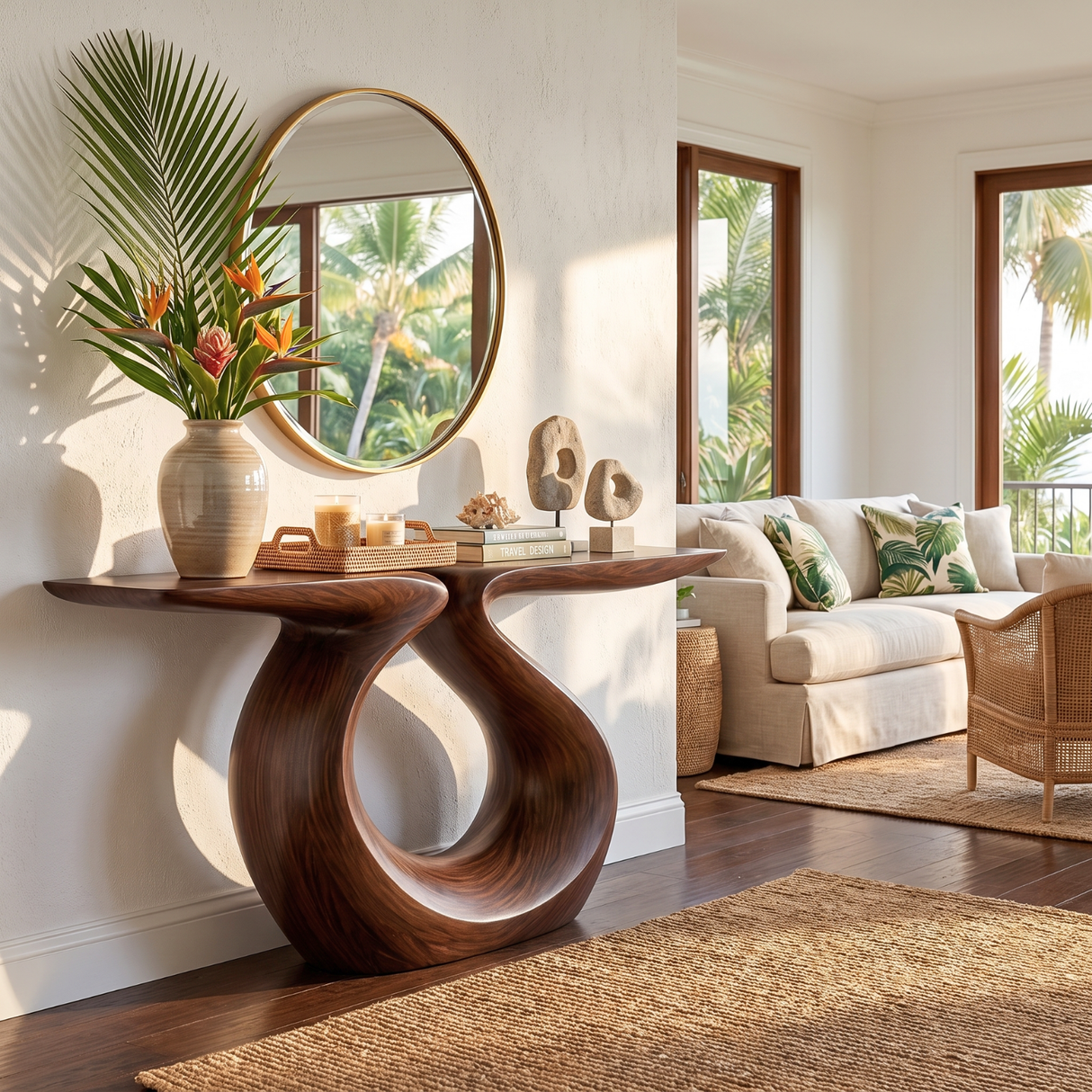 Console Table Solid Wood with Sculptural Split Top Loop Base for Entryway Decor