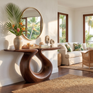 Console Table Solid Wood with Sculptural Split Top Loop Base for Entryway Decor