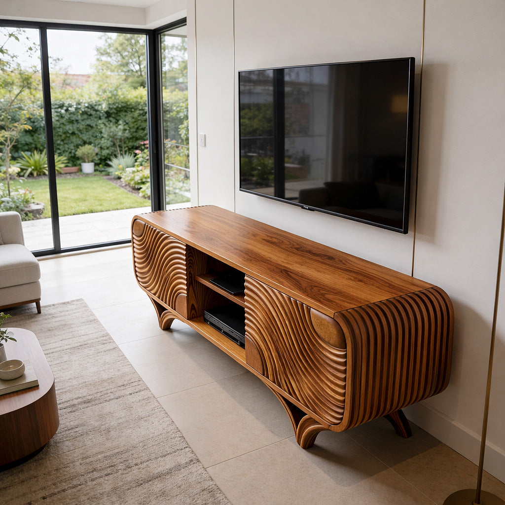 Sculptural Solid Wood TV Stand with Organic Wave Carving