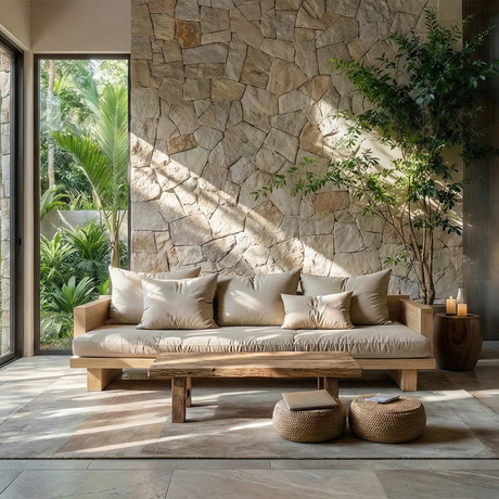 Low Profile Solid Wood Sofa with Linen Cushions for Zen Modern Living