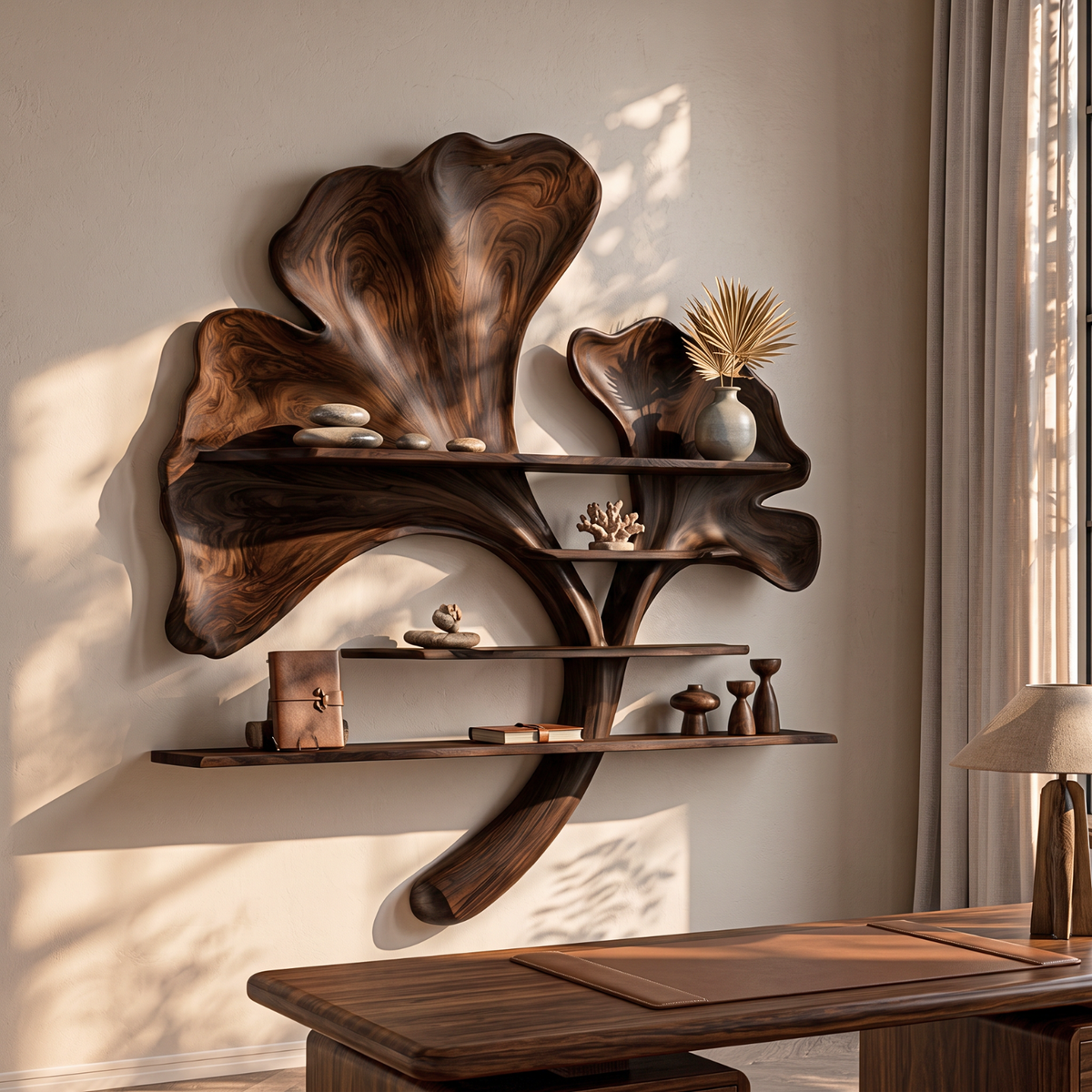 Solid Wood Ginkgo Leaf Wall Shelf Sculpture for Living Room Decor