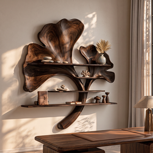 Solid Wood Ginkgo Leaf Wall Shelf Sculpture for Living Room Decor