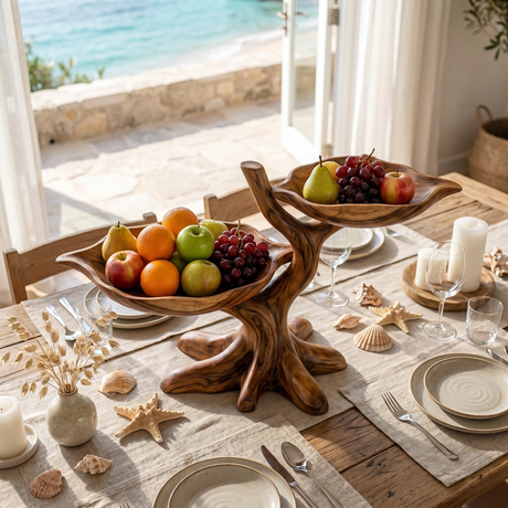 Solid Wood Branch Fruit Bowl Stand with Two Sculptural Display Trays