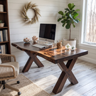 Live Edge Solid Wood Desk with Sculptural X Legs for Home Office