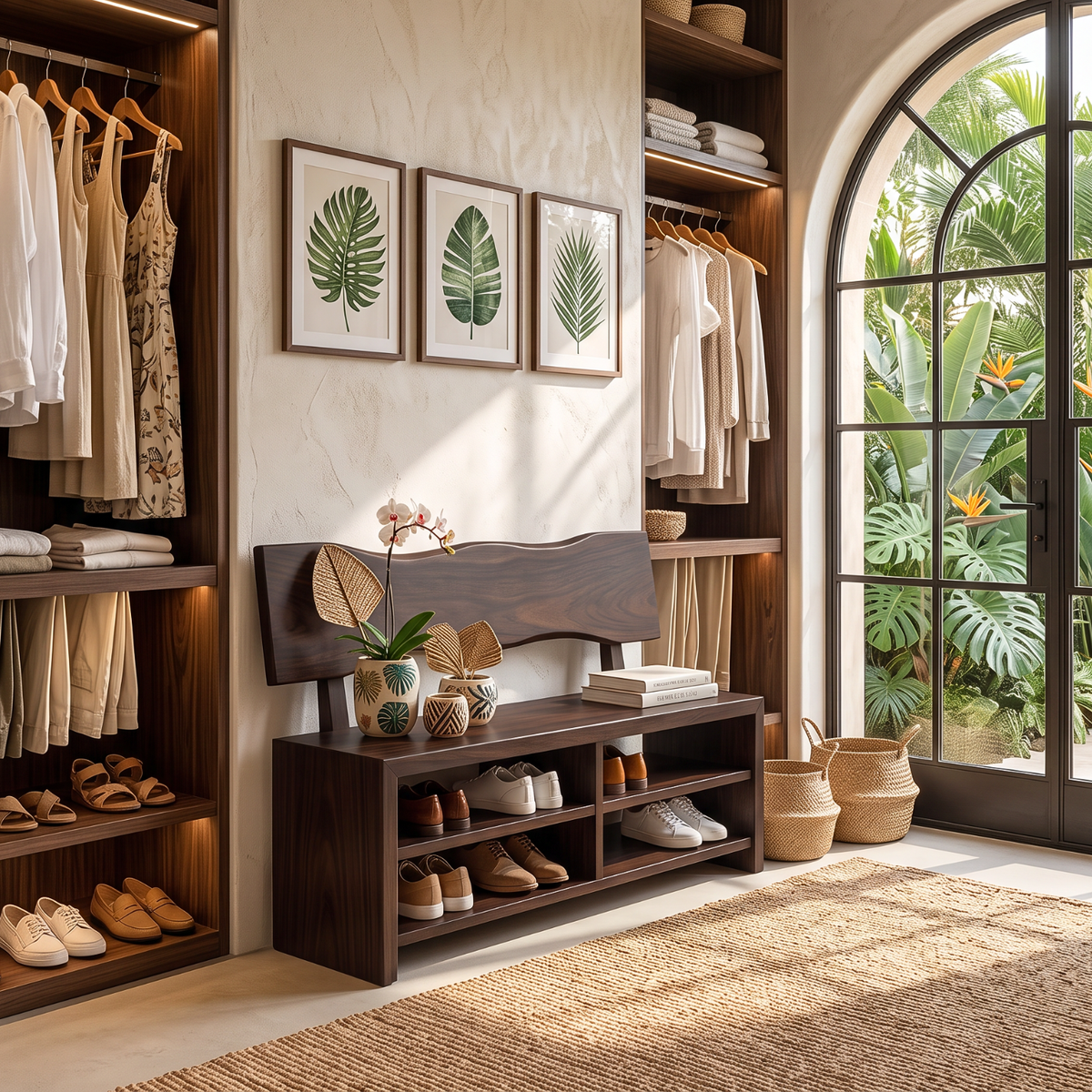 Handcrafted Solid Wood Shoe Cabinet with Open Shelves and Organic Backrest