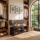 Handcrafted Solid Wood Shoe Cabinet with Open Shelves and Organic Backrest
