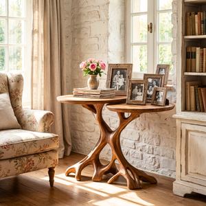 Twin Tree Root Side Tables Handmade Wooden Accent Set