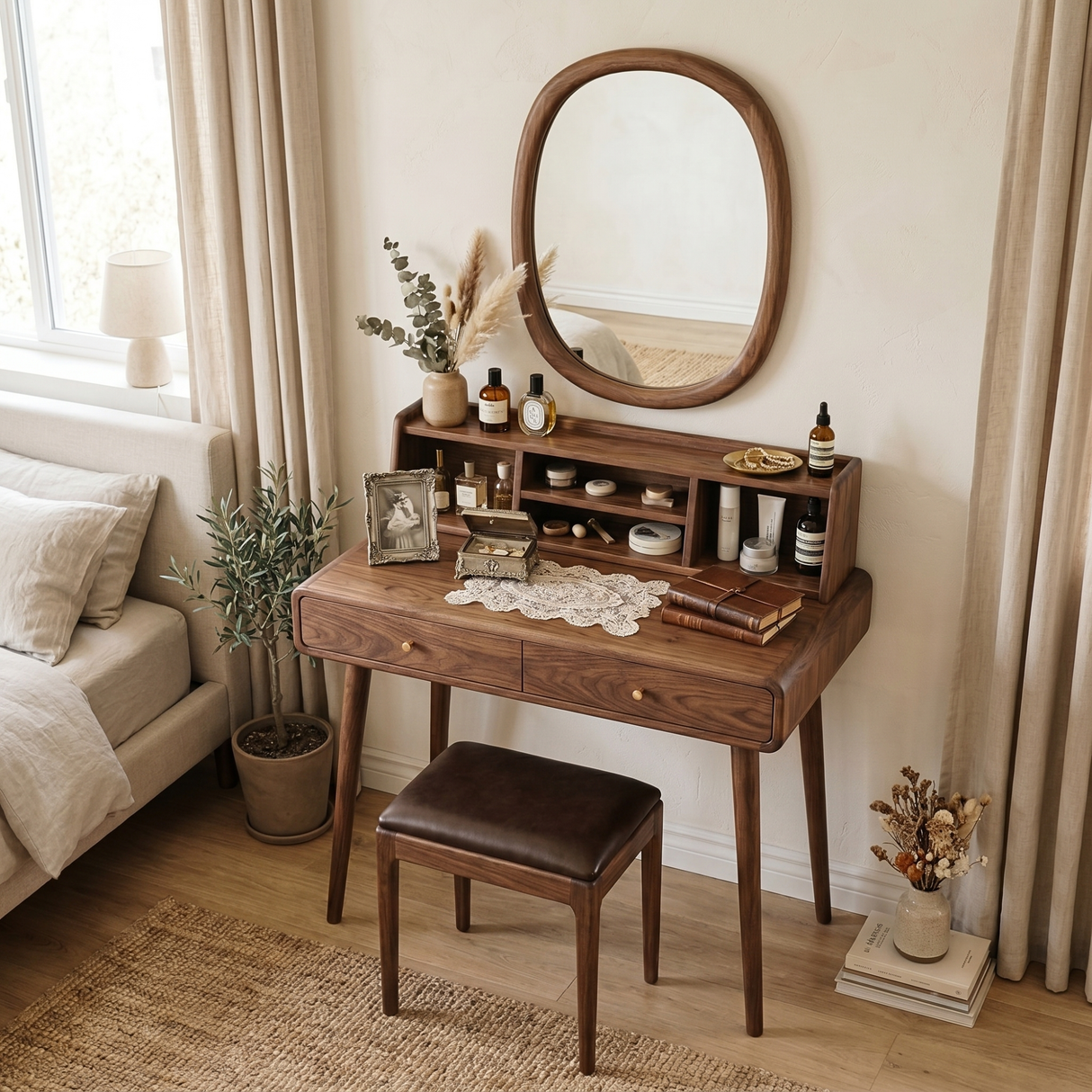 Handcrafted Solid Wood Vanity Desk with Open Organizer Shelf and Drawer Storage