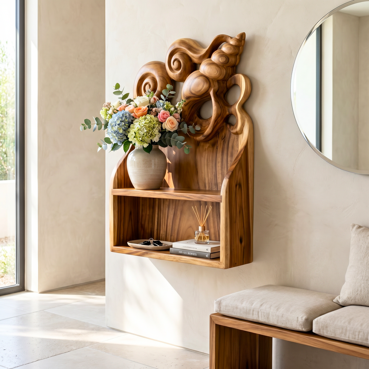 Seashell Carved Wood Wall Shelf for Bathroom Storage