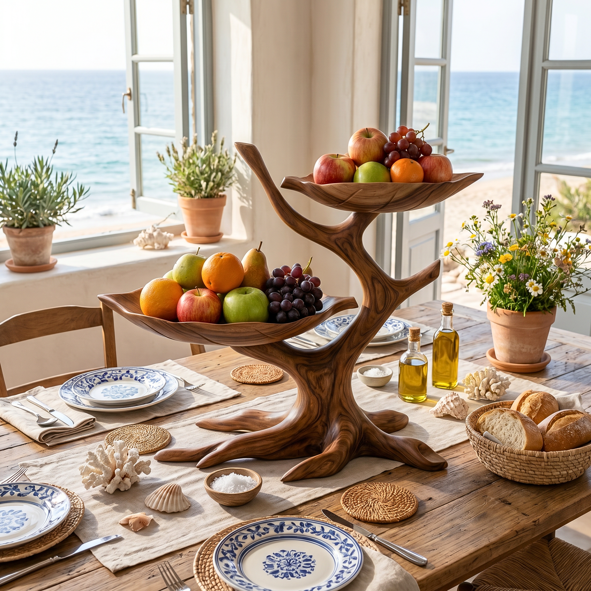 Sculptural Wood Fruit Bowl with Branch-Inspired Stand and Dual Display Bowls