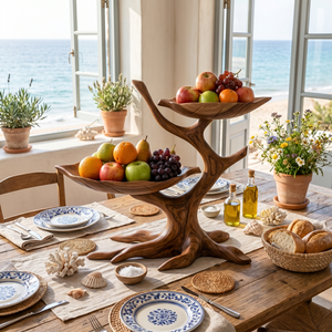 Sculptural Wood Fruit Bowl with Branch-Inspired Stand and Dual Display Bowls