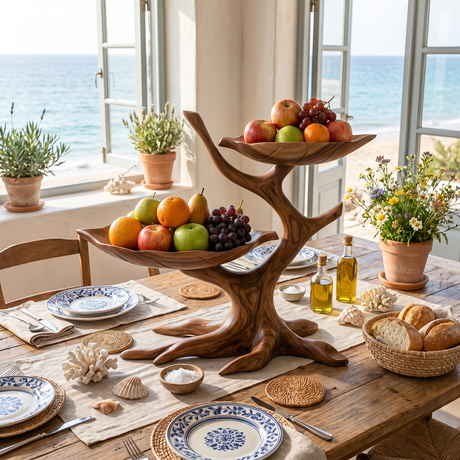 Sculptural Wood Fruit Bowl with Branch-Inspired Stand and Dual Display Bowls
